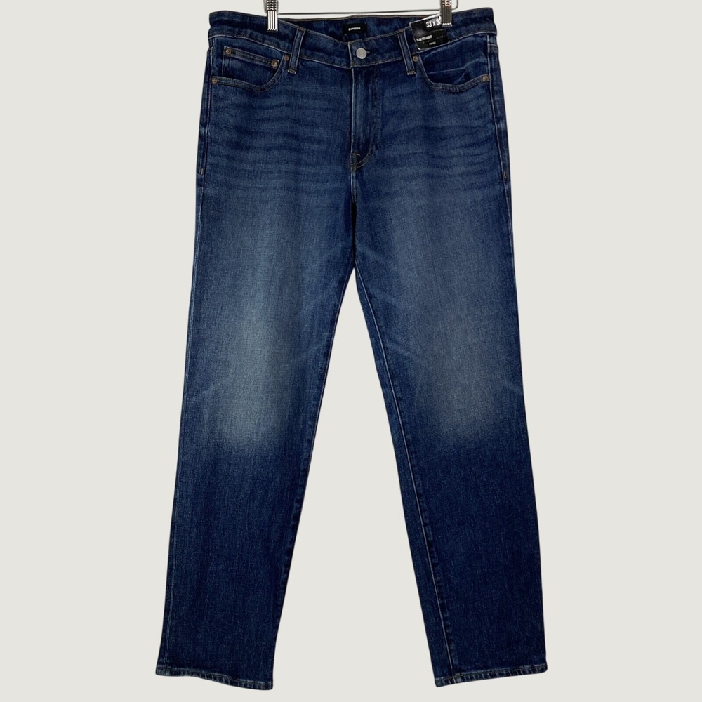 Express Slim Straight Jeans Mens 33x32 Dark Wash Stretch Denim Blue Pants New